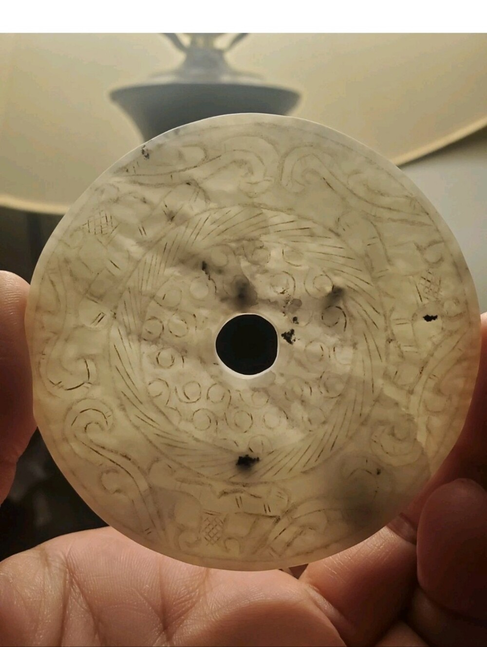 Vintage Chinese Carved White Jade Bi Disc - 3" Dragon & Phoenix Motiff
